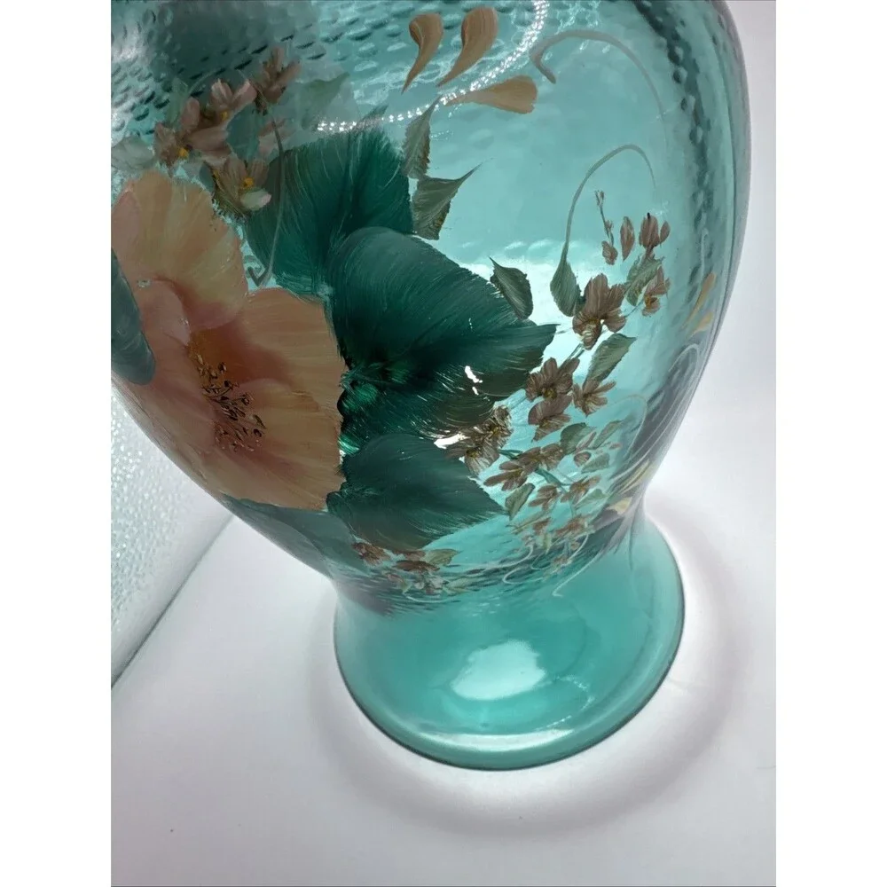 Vintage Hand Painted  Pink Floral On Teal Vase Signed Edwards 9x6.5” Cottagecore